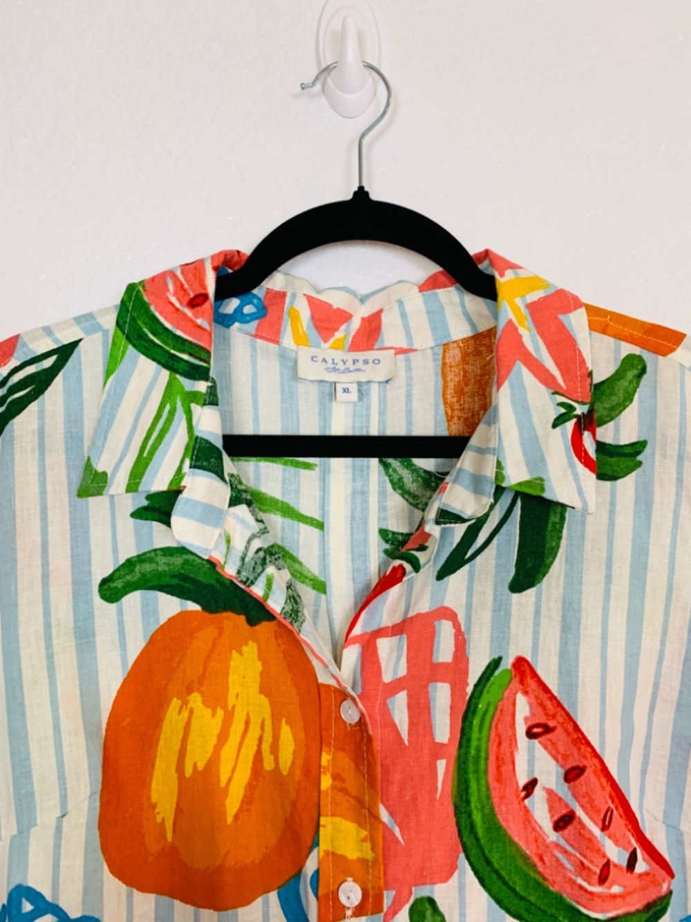 Calypso St. Barth Button Up Shirt XL Stripes Fruit Nautical Beach Print Linen - Picture 2 of 15
